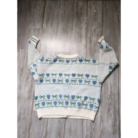 Girlish Heart Bow Cardigan Sweater Blue Cream Button Up Soft Knit Womens XL GUC - Picture 11 of 11